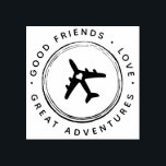 Destination Celebration Great Adventures Airplane Rubber Stamp<br><div class="desc">Travel Theme Destination Wedding or Birthday Trip Rubber Stamp with wording reading "Good Friends,  Love,  Great Adventures" that you can change to suit your party theme and use for DIY projects. It can look like a passport entry stamp with the cute airplane with heart in the middle.</div>