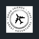 Destination Celebration Great Adventures Airplane Rubber Stamp<br><div class="desc">Travel Theme Destination Wedding or Birthday Trip Rubber Stamp with wording reading "Good Friends,  Love,  Great Adventures" that you can change to suit your party theme and use for DIY projects. It can look like a passport entry stamp with the cute airplane with heart in the middle.</div>