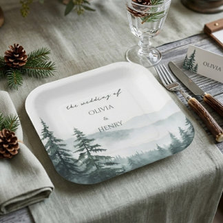 Destination Deep Forest Mountain Wedding Paper Plate