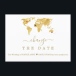 Destination Gold World Map Wedding Change The Date Save The Date<br><div class="desc">YOU CAN MOVE THE HEARTS AND AIRPLANE TO FIT YOUR DESTINATION! If you need help, please, contact me. Destination Wedding Travel Gold World Map card design featuring a faux gold world map, two hearts and a airplane! It is perfect for the wedding of any couple who loves to travel, or...</div>