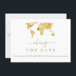 Destination Gold World Map Wedding Change The Date Save The Date<br><div class="desc">YOU CAN MOVE THE HEARTS AND AIRPLANE TO FIT YOUR DESTINATION! If you need help, please, contact me. Destination Wedding Travel Gold World Map card design featuring a faux gold world map, two hearts and a airplane! It is perfect for the wedding of any couple who loves to travel, or...</div>