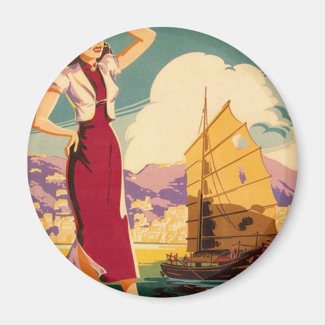 Destination: Hong Kong Retro Graphic Round magnet (Front)