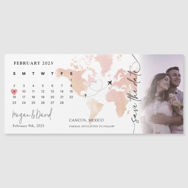 Destination Map Calendar Heart Photo Save the Date Magnetic Invitation (Front)