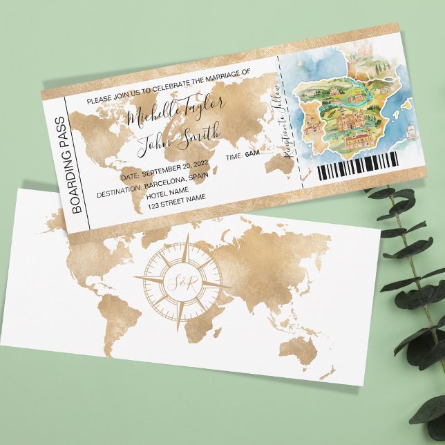 Destination Mariage Carte d'embarquement Espagne (illustrated watercolor map of spain)