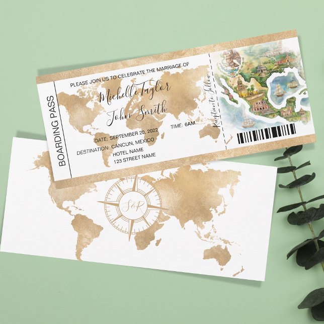 Destination Mariage Carte d'embarquement Mexique (watercollor illustrated map of mexico, boarding pass)