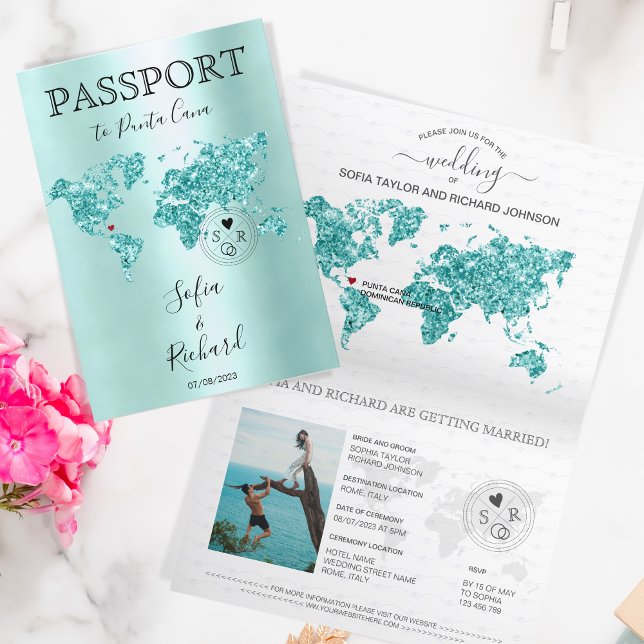 Destination Mariage Passport Carte du monde Aqua B (Créateur téléchargé)