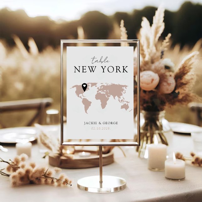 Destination Name Pin it one the Map Travel Table Number (Destination Name Table Number Travel Inspired World Map Pin the Location You Want Beige Minimalist)