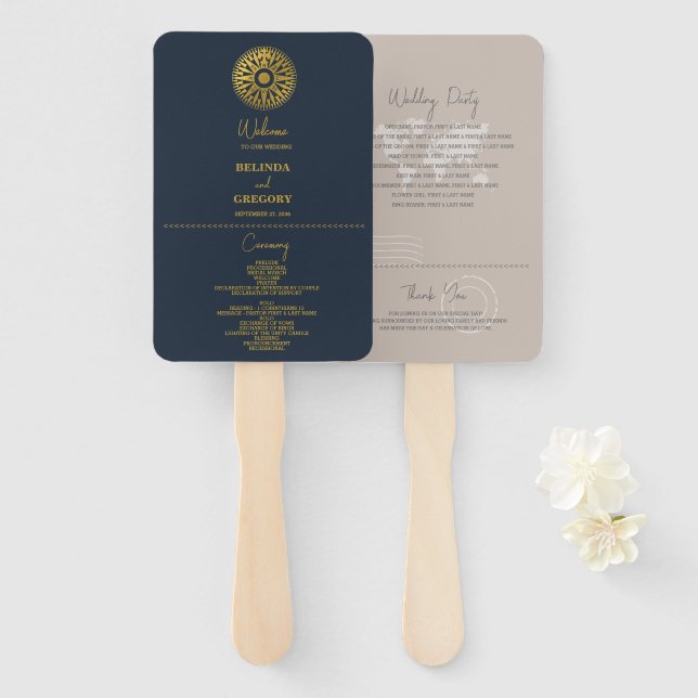 Destination Passport Compass Wedding Program Hand Fan (Front and Back)