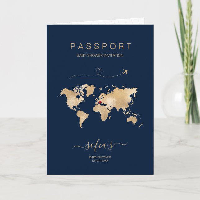 Destination Passport World Map Modern Baby Shower Invitation (Front)