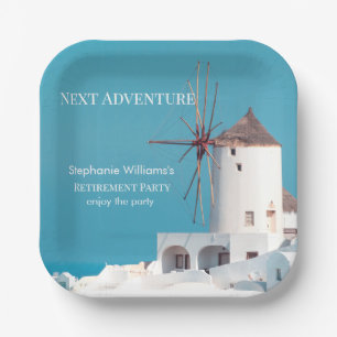 Destination Retirement Party Greek White Blue Paper Plate