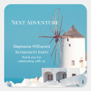 Destination Retirement Party Greek White Blue Square Sticker