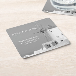 Destination Retirement Party Greek White Grey  Square Paper Coaster