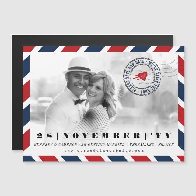 Destination Save The Date Airmail Postal Photo Magnetic Invitation (Front/Back)