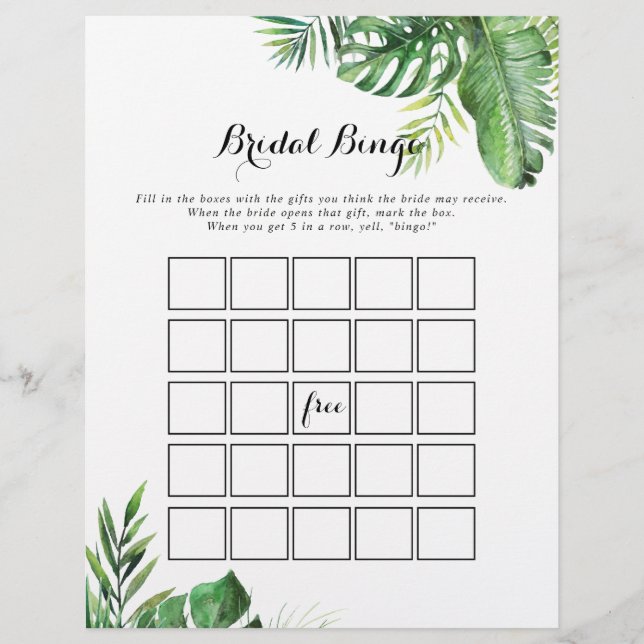 Destination Tropical Greenery Bridal Bingo Game (Front)