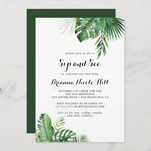 Destination Tropical Greenery Sip and See Invitation (Front/Back)