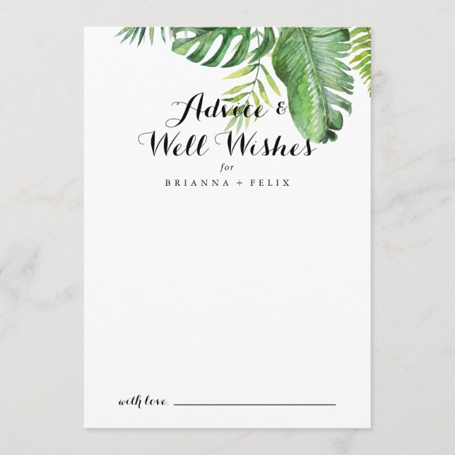 Destination Tropical Greenery Wedding Well Wishes Advice Card (Front)