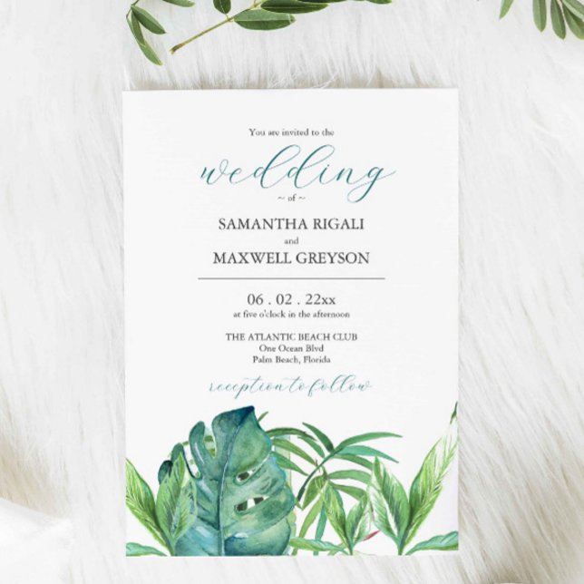 Destination tropicale Invitations de mariage Palm (Wedding invitation destination weddings watercolor tropical palm leave art by Victoria Grigaliunas)