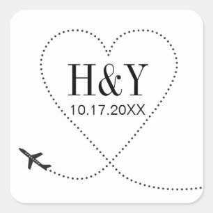 Destination Wedding Airplane Travel Monogram Square Sticker