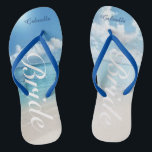 Destination Wedding Beach Scene Bride Flip Flops<br><div class="desc">Great for a destination wedding or the honeymoon.  There's a calm beach scene with the ocean and blue skies. Down the centre is the word "bride" in a white script. Personalize with your name. Check out the many other bride designs we have in our store.</div>