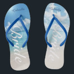 Destination Wedding Beach Scene Bride Flip Flops<br><div class="desc">Great for a destination wedding or the honeymoon.  There's a calm beach scene with the ocean and blue skies. Down the centre is the word "bride" in a white script. Personalize with your name. Check out the many other bride designs we have in our store.</div>