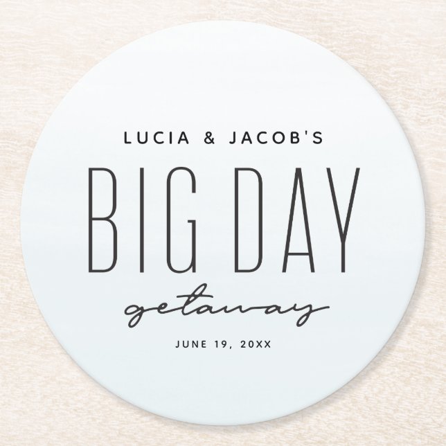 Destination wedding big day getaway ocean blue round paper coaster (Front)