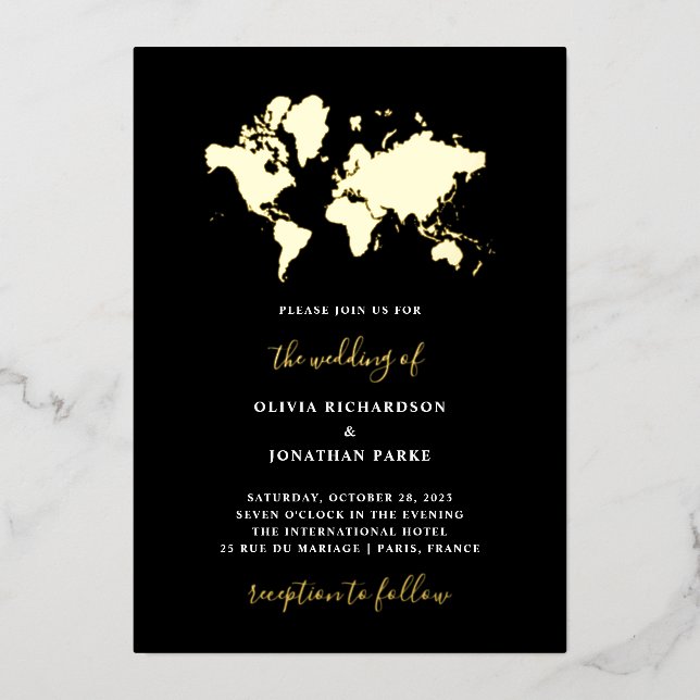 Destination Wedding | Black Elegant World Map Gold (Front)