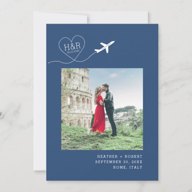 Destination Wedding Blue Airplane Monogram Picture Save The Date (Front)