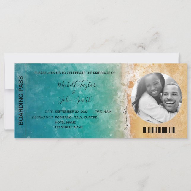 Destination Wedding Boarding Pass Beach Ocean Invitation (Front)