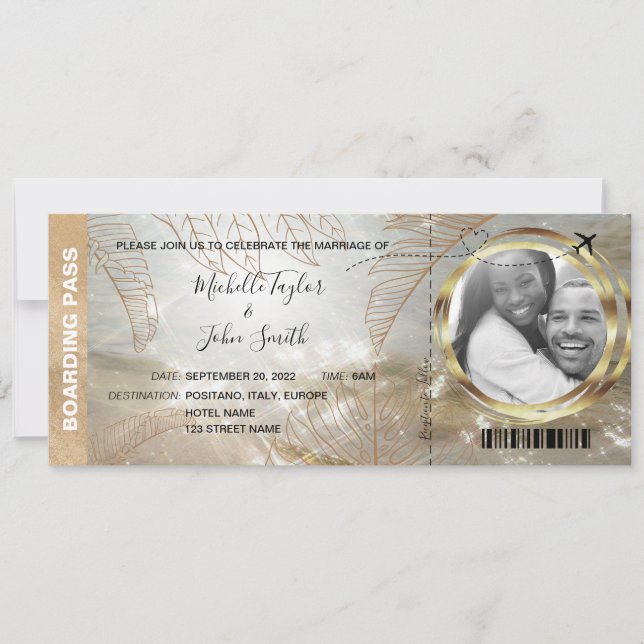 Destination Wedding Boarding Pass Beach Palm Tree Invitation (Front)