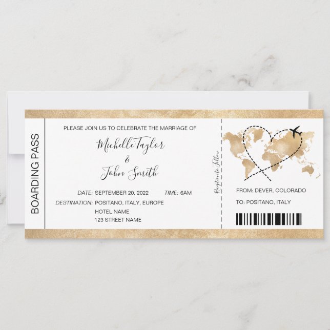 Destination Wedding Boarding Pass Heart Plane Icon Invitation (Front)
