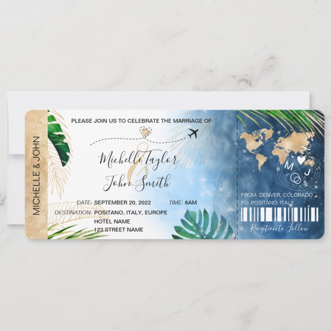 Destination Wedding Boarding Pass Plane Beach  Inv Invitation (Front)