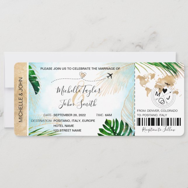 Destination Wedding Boarding Pass Plane Tropical  Invitation (Front)