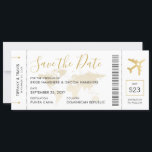 Destination Wedding Boarding Pass Save the Date<br><div class="desc">Boarding Pass Plane Ticket Save the Date Invitation Card for a Destination Wedding featuring a romantic airplane icon and faded gold world map background with modern elegant script fonts and back side with travel and accommodations information for guests to start planning their trip to celebrate your marriage in the middle...</div>