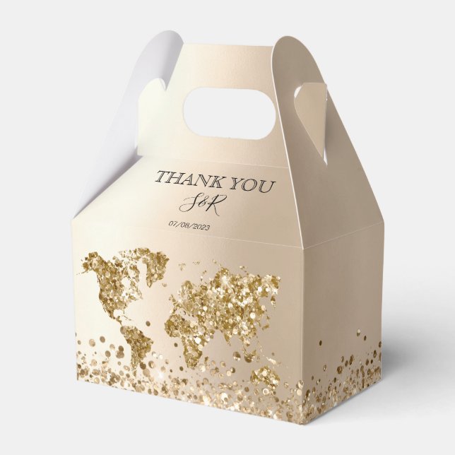 Destination Wedding Gold World Map Beach Adventure Favor Box (Front Side)
