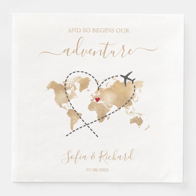 Destination Wedding Gold World Map Welcome Sign Napkin (Front)