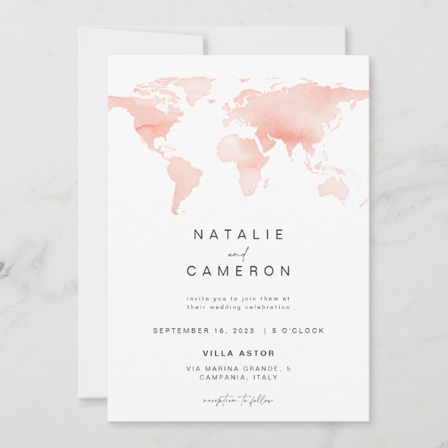 Destination Wedding Invitation with World Map (Front)