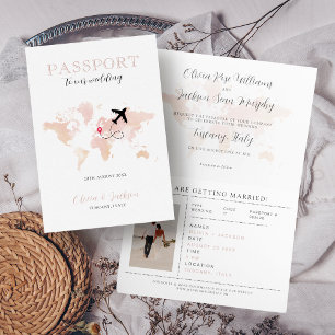 Destination Wedding Passport Blush Pink World Map Invitation
