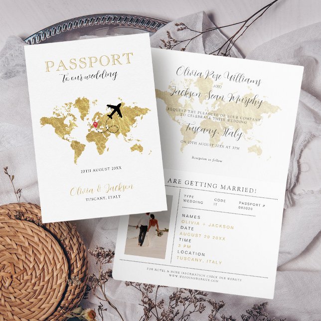 Destination Wedding Passport Gold World Map Invitation (Creator Uploaded)