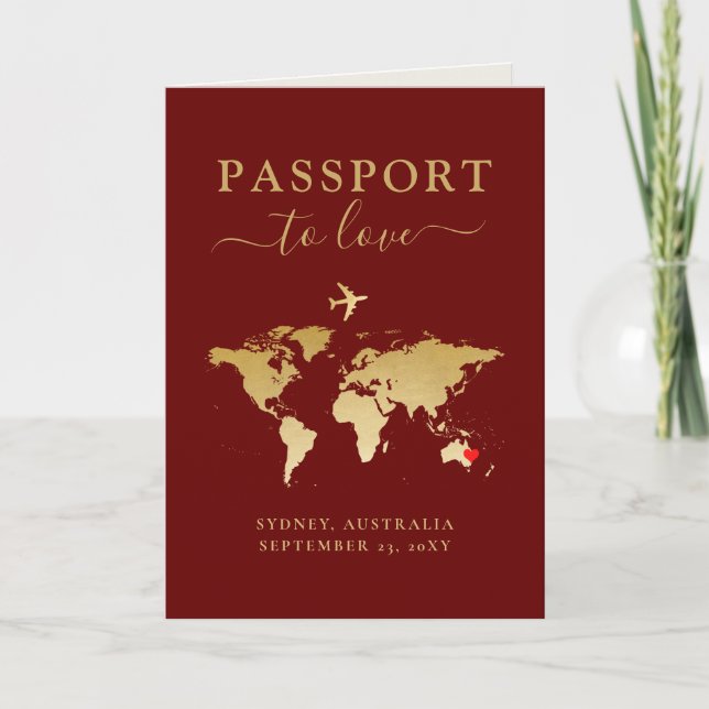Destination Wedding Passport Red Gold Map + Heart Invitation (Front)