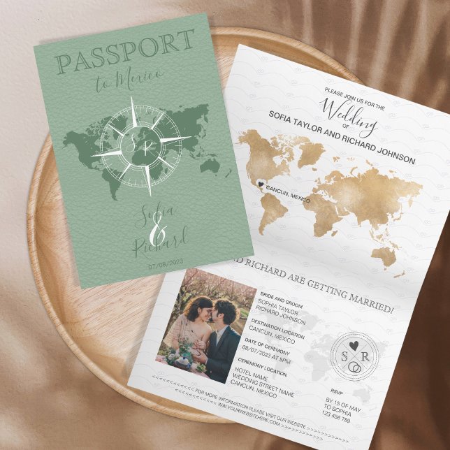 Destination Wedding Passport World Map Compas Sage Invitation (Creator Uploaded)