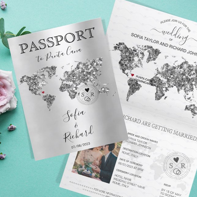 Destination Wedding Passport World Map Silver Invitation (Creator Uploaded)