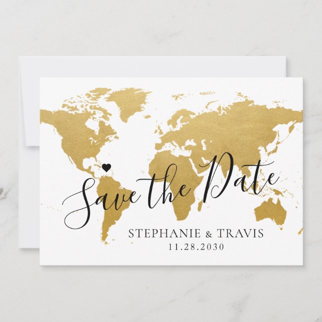 Destination Wedding Photo Save the Date Gold Map (Front)
