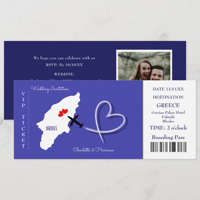 Destination Wedding Rhodes Greece Ticket Invitation (Front/Back)