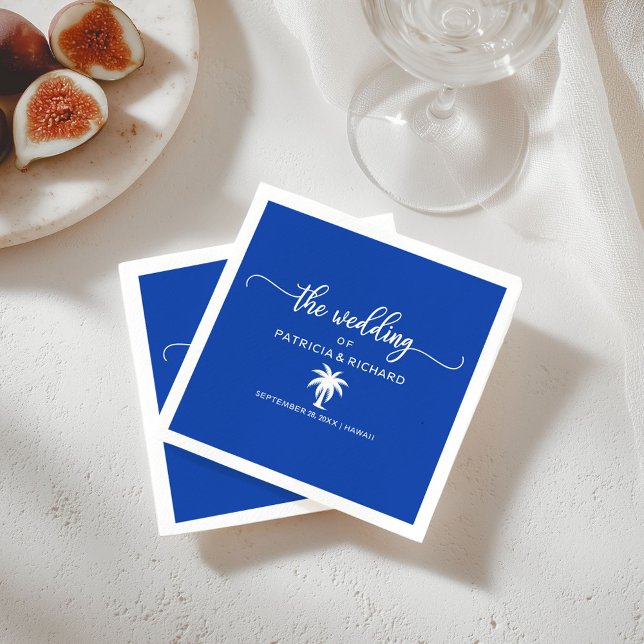 Destination Wedding Royal Blue and White Palm Tree Napkin (Creator Uploaded)