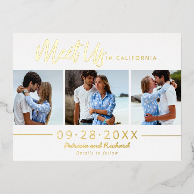 Destination Wedding Save The Date 3 Photo Foil Holiday Postcard (Front)