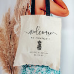 Destination Wedding Welcome Bag | Pineapple<br><div class="desc">Welcome guests to your destination wedding with these chic and modern personalized tote bags. Design features "welcome" in modern handwritten calligraphy script, with space to personalize with your wedding location, names and date. A pineapple silhouette illustration completes the design, making this bag a perfect choice for weddings in Hawaii, Newport,...</div>