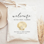 Destination Wedding Welcome Gold Scallop Seashell Tote Bag<br><div class="desc">This destination wedding hotel or favour bag features a vintage illustration of a scallop seashell in gold faux foil,  under the word "welcome" in elegant black handwriting script. Personalize it with your wedding location,  the names of the bride and groom,  and the wedding date.</div>