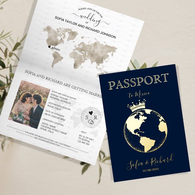 Destination Wedding World Globe Passport Modern Fo Foil Greeting Card (Creator Uploaded)