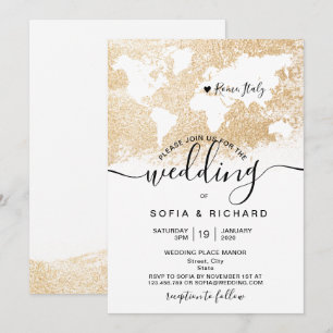 Destination Wedding World Map Gold Invitation