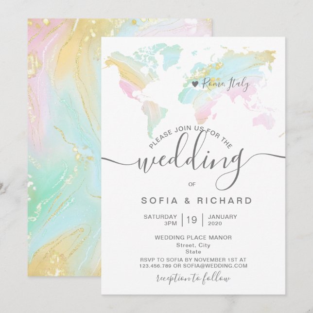 Destination Wedding World Map Pastel Invitation (Front/Back)